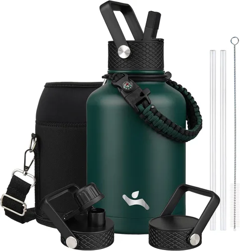 Vista 27 de Konokyo - Botella de agua aislada de 18 onzas, botellas deportivas de acero inoxidable con 3 tapas, verde militar