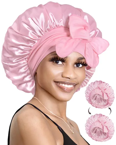 Vista 19 de BONNET QUEEN Gorro reversible de satén de seda para dormir, doble capa, ajustable, trenzas rizadas, peluca de cabello natural, banda para gorro