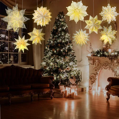 Vista 9 de Mudder 10 piezas de linterna de papel copo de nieve, linterna de papel estrella con 14 luces LED, lámpara de papel, decoración colgante de fiesta