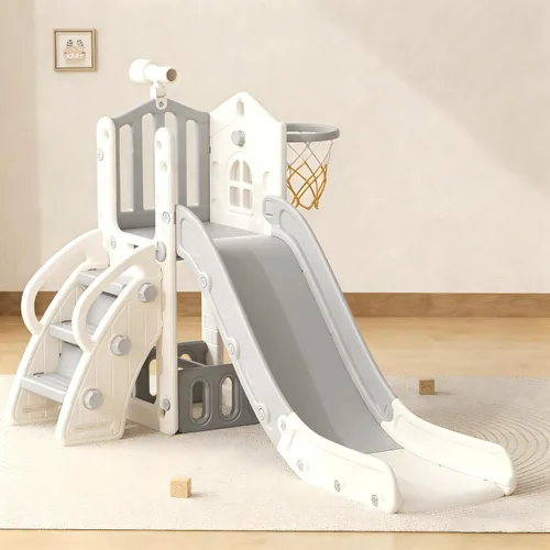 Vista 11 de YUFU Tobogán 5 en 1 para niños pequeños, tobogán para niños con escalador, aro de baloncesto y pelota, juego para interiores y exteriores para niños