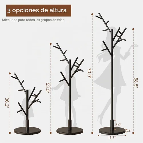 Vista 5 de Muwuele Perchero de madera maciza independiente con 12 ganchos, perchero independiente con 3 alturas ajustables para abrigos, sombreros, bolsos