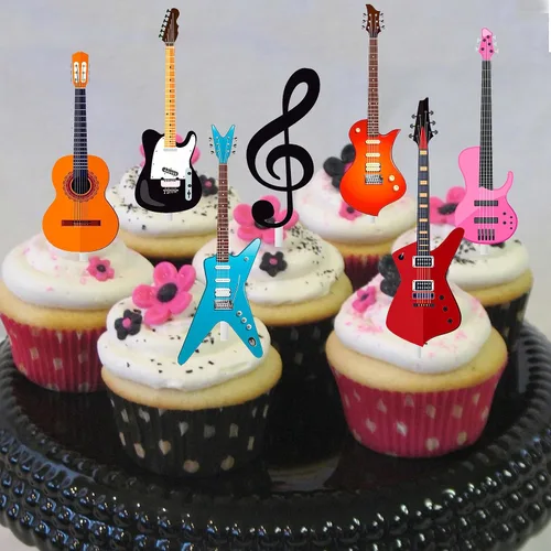 Vista 8 de 24 piezas de decoración de guitarra, para cupcakes, notas musicales, rock, cumpleaños, pasteles, decoraciones de fiesta para guitarrista