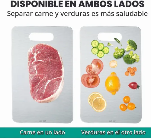 Vista 8 de Tabla de cortar de acero inoxidable, 2 tablas de cortar para cocina, tabla de cortar antiadherente inoxidable para carne, frutas y verduras