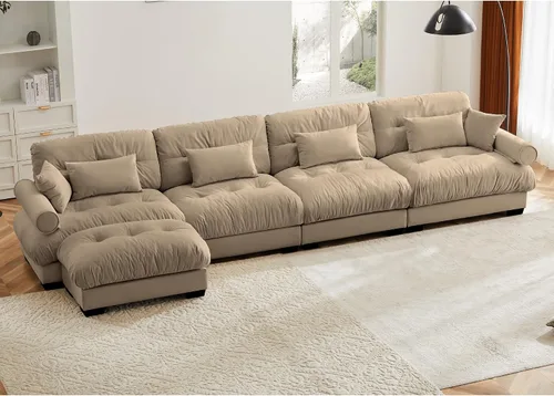 Vista 86 de Otomana beige para sofá modular modular, sofá individual, asiento otomano para sofá modular convertible, sofás de terciopelo para sala de estar