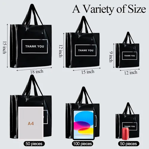 Vista 2 de Teling 200 piezas de bolsas de plástico "Thank You" al por mayor, bolsas de mercancía para bodas y negocios, 9 x 12 pulg, 12 x 15 pulg, 15 x 18 pulg