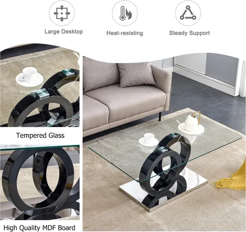 Vista 5 de Mesa de centro de cristal para sala de estar, mesa moderna de vidrio templado y patas de MDF, pequeña mesa de centro moderna (negro, estilo 1)
