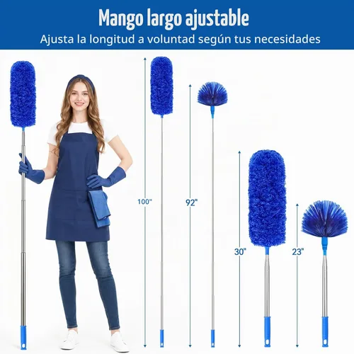 Vista 6 de Plumero de telaraña con poste de extensión de 100 pulgadas, plumeros para limpieza con 2 cabezales de plumero, plumero de microfibra lavable