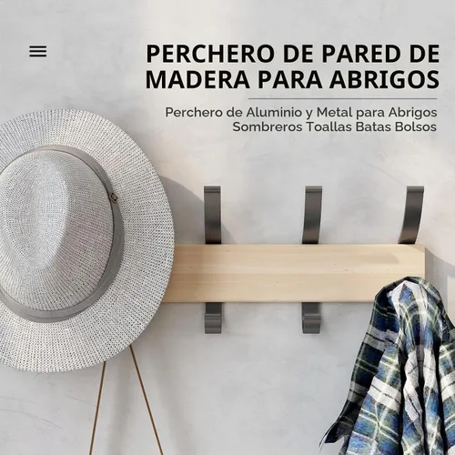 Vista 6 de Perchero de madera maciza para colgar en la pared, colgador de entrada, perchero de madera de metal con 5 ganchos de aluminio negro para bufanda