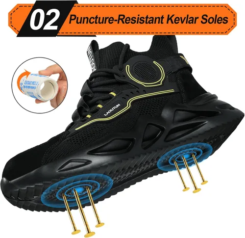 Vista 3 de LAoutun Zapatos de punta de acero para hombres y mujeres, zapatos de trabajo de seguridad, cómodos, ligeros, a prueba de pinchazos, zapatos