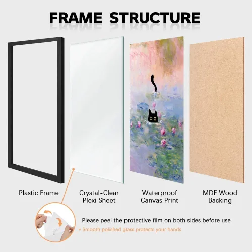 Vista 2 de Arte de pared divertido enmarcado de gato Monet Waterlily Cat Poster para habitación decoración estética, lindas imágenes de gato negro, impresiones