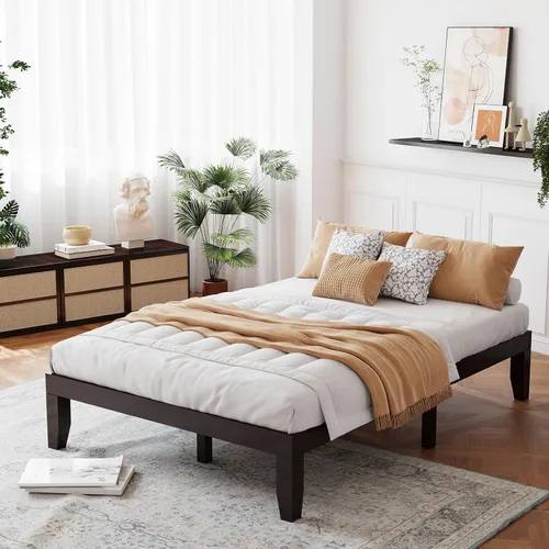 Vista 17 de Giantex Marco de Cama de Plataforma de Madera Individual de 14 Pulgadas, Base de Colchón Minimalista con Madera de Caucho Sólida, Soporte