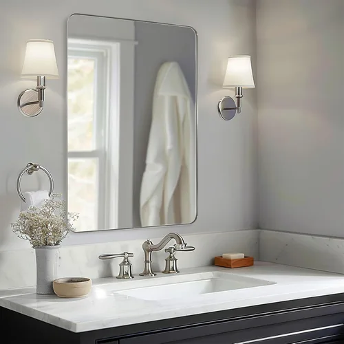 Vista 9 de ANDY STAR Espejo de pared cuadrado para baño, espejo de baño negro mate de 24 x 24 pulgadas, espejo de metal de esquina redondeada en marco de acero