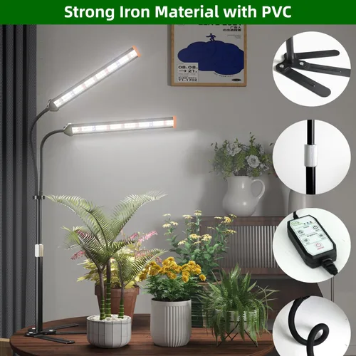 Vista 5 de Lámpara para cultivo de plantas con soporte ajustable de 15 a 47 pulgadas, lámpara de cultivo de plantas de tres cabezales con bombillas LED rojas