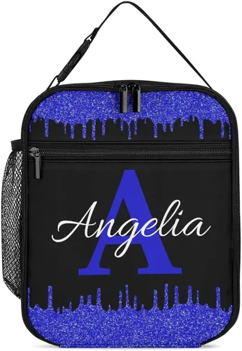 Vista 17 de Bolsa de almuerzo con nombre personalizado para hombres y mujeres, con monograma de purpurina azul, hielera, portátil, con nombre, para niñas