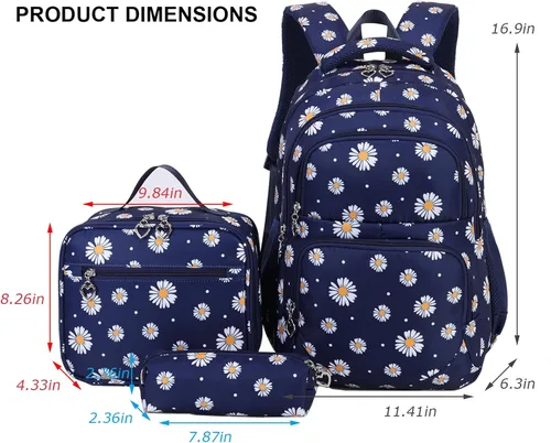 Vista 9 de goldwheat Mochilas impresas margaritas con paquete de almuerzo, estuche de lápices 3pcs, bolsa ligera resistente al agua para la escuela secundaria