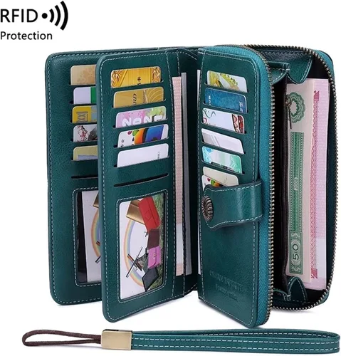 Vista 2 de SKUZA Billetera, bolsa para tarjetas, cartera de piel con bloqueo RFID, carteras de cuero para mujer, cremallera larga, bolsa de embrague