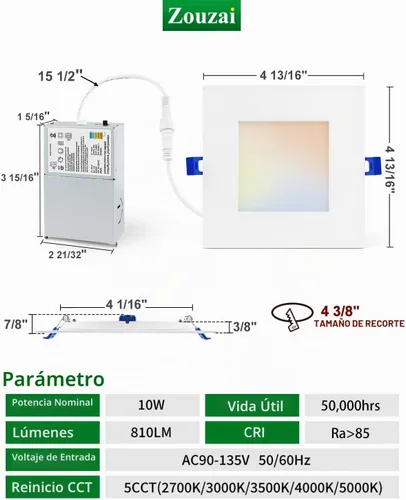 Vista 6 de zouzai juego de 12 luces LED empotrables cuadradas de 4 pulgadas para recortes redondos, luz descendente ultrafina de 5 CCT seleccionable y Blanco