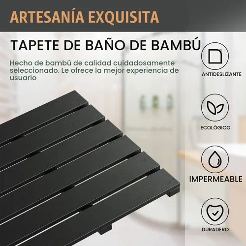 Vista 7 de Tapete de baño para ducha de lujo, antideslizante, de madera de bambú, impermeable, para uso en interiores o exteriores (negro)