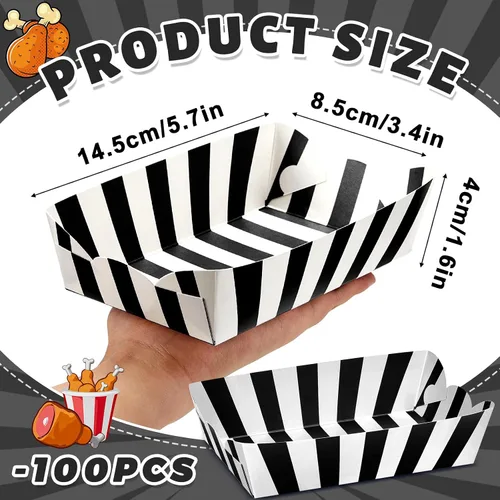 Vista 2 de Yaomiao 100 bandejas de papel a rayas, botes de papel para comida, nachos y perritos calientes, platos desechables para carnaval, ferias, Negro