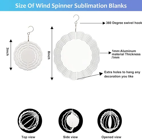 Vista 2 de Paquete de 4 hilanderos de viento de sublimación, 3 pulgadas, 8 pulgadas, aluminio 3D, molinillos de viento colgantes, productos de sublimación