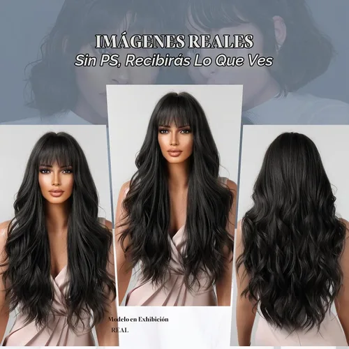 Vista 5 de Allbell - Pelucas largas negras para mujer, rizada, sintética, con flequillo, onda corporal, de aspecto natural, fibra resistente al calor, cabello