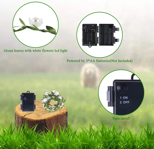 Vista 2 de Vigdur Paquete de 2 guirnaldas de luces de vid, guirnalda de hojas pequeñas con flores blancas alimentadas por batería para interiores y exteriores