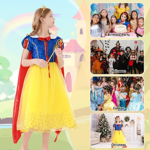 Vista 6 de COTRIO Vestido de princesa para niñas, disfraz de Halloween para niñas, ropa de disfraz para niñas pequeñas, conjunto con accesorios
