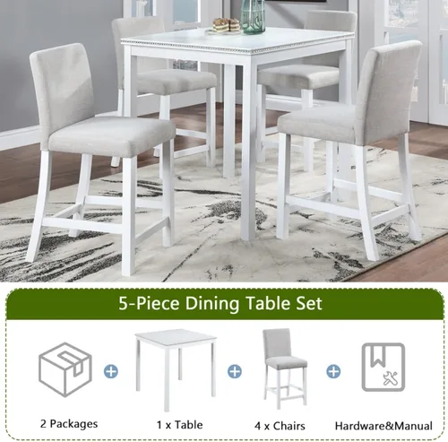 Vista 4 de Juego de mesa de comedor de madera de 5 piezas, juego de mesa de cocina con una mesa rectangular y 4 sillas tapizadas