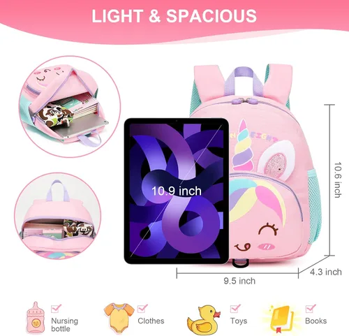 Vista 6 de Mochila pequeña para niñas y niños, mochila para perschool con correa para el pecho, dibujos animados 3D, Unicornio, Linda mini mochila para niñas