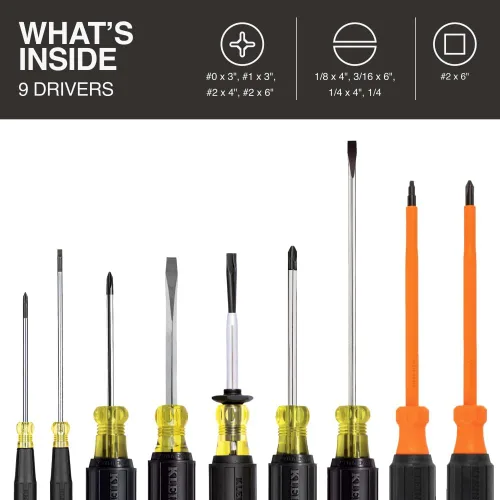 Vista 2 de Klein Tools 85850 Juego de 9 herramientas para electricistas con (3) destornilladores Phillips, (3) destornilladores ranurados, (1) destornillador