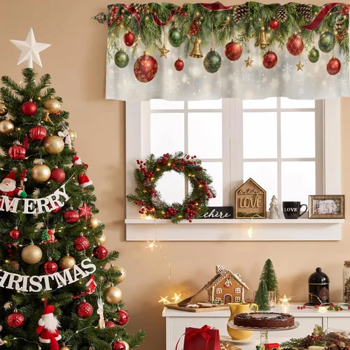 Vista 3 de Christmas Valances for Windows Kitchen Curtains Christmas Balls Bell Window Valance, Gold Star Snowflake Pine Needle Short Topper Window Curtain