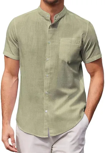 Vista 9 de Camisas de lino de algodón con cuello de banda, camisas casuales de manga corta con botones, ajuste delgado, para verano, playa, con bolsillo