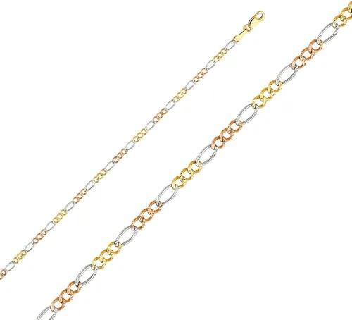 Vista 2 de Wellingsale 14k Tri 3 Color Gold Solid 2.5mm Figaro 3+1 Concave Chain Necklace