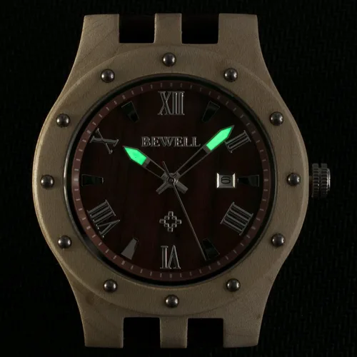 Vista 6 de Bewell Relojes de madera para hombre, reloj de pulsera luminoso de cuarzo analógico hecho a mano