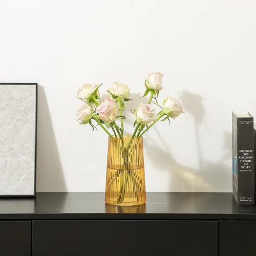 Vista 5 de Jarrón de vidrio ámbar para flores, florero para ramo, jarrones de vidrio modernos, jarrones acanalados para sala de estar, dormitorio, mesa