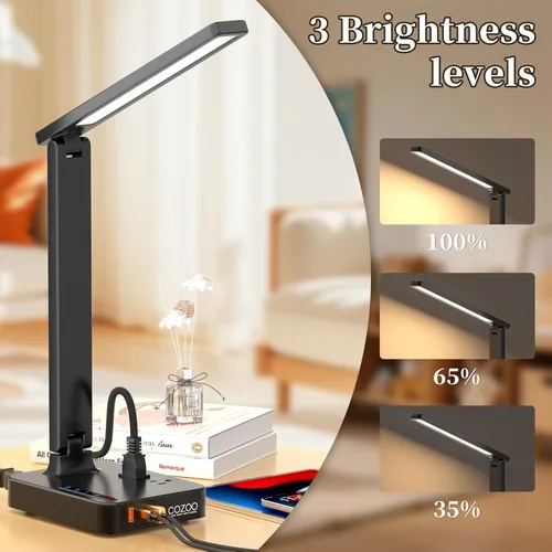 Vista 4 de COZOO Lámpara de escritorio LED con 3 puertos de carga USB, 2 tomas de corriente CA, 3 modos de color y 3 niveles de brillo, función