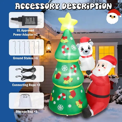 Vista 3 de 1.88 m de alto Árbol inflable navideño jumbo encantador con Papá Noel y oso polar, árbol inflable navideño animado con Papá Noel y oso polar, luces