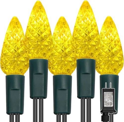 Vista 8 de WATERGLIDE Luces de Navidad C6, 100 luces LED de 33 pies, guirnalda de luces facetadas de alambre verde con adaptador seguro, 8 modos