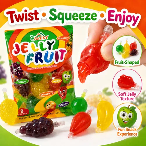Vista 3 de Apexy Jelly Fruit – Jugoso caramelo de gelatina exprimible – Surtido de sabores afrutados, textura divertida y explosiva, bocadillos de gelatina