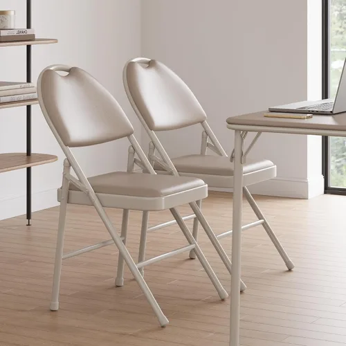 Vista 7 de Paquete de 4 sillas plegables con marco de metal con cojín acolchado y respaldo, asiento tapizado de piel sintética de 350 libras, sillas plegables