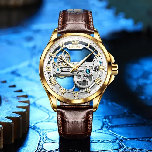 Vista 8 de OLEVS Relojes mecánicos automáticos para hombre, reloj esqueleto, impermeable, correa de cuero marrón, negro, oro rosa, relojes de pulsera