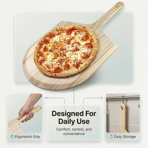 Vista 2 de KitchenDine Pizza Peel de 16 pulgadas, paleta de madera para pizza con asa, grande de 16 x 14 pulgadas, tabla de pizza de madera de pino para horno