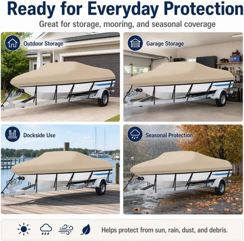 Vista 5 de Cubierta impermeable para barco de 14 a 16 pies, cubierta resistente de poliéster 600D, cubierta para barco Oxford Bass Runabout para barcos