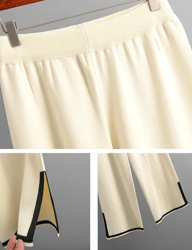Vista 7 de Conjunto de suéter de 2 piezas para mujer, conjunto de punto de manga larga, sin botones, pantalones de pierna ancha