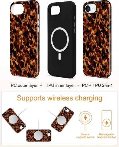 Vista 233 de Jusy Funda compatible con MagSafe con estampado de caparazón de tortuga marrón para iPhone 7/8/SE, cubierta protectora de TPU suave magnética
