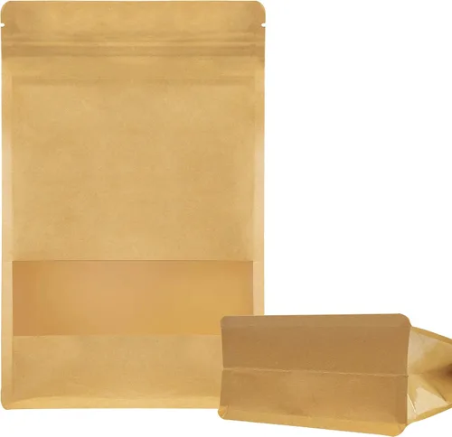 Vista 2 de Bolsas de papel kraft de pie, reutilizables con cierre de cremallera y muesca, bolsas de ventana transparentes mate, bolsa de almacenamiento