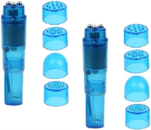 Vista 6 de Mini bolígrafo masajeador de mano con 4 cabezales para cara, cuello, cabeza, espalda (paquete de 2 rosas)