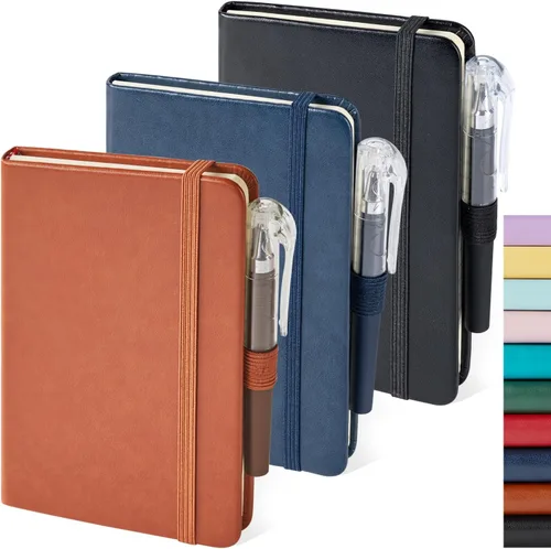 Vista 9 de Paquete de 3 cuadernos rayados con bolígrafo, cuadernos A5 (5.7 x 8.4 pulgadas) de tapa dura de cuero para mujeres y hombres, trabajo, 160 páginas