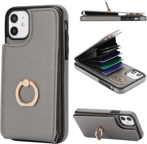 Vista 8 de Folosu Funda compatible con iPhone 11, cartera con tarjetero y rotación de 360°, soporte de anillo de dedo con función atril, bloqueo RFID, piel