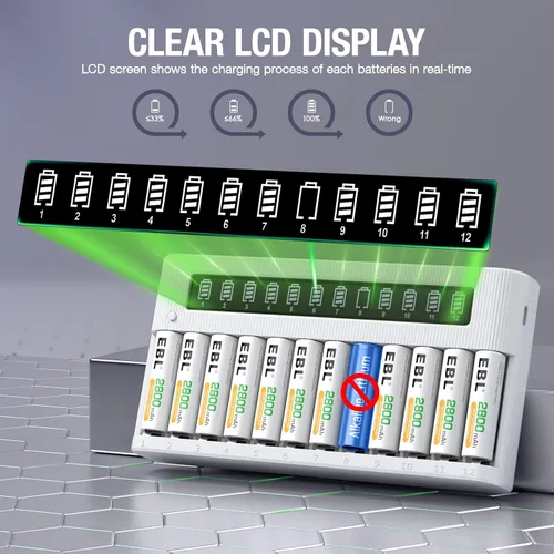 Vista 10 de EBL Cargador de batería AA AAA Cargador LCD independiente de 12 bahías